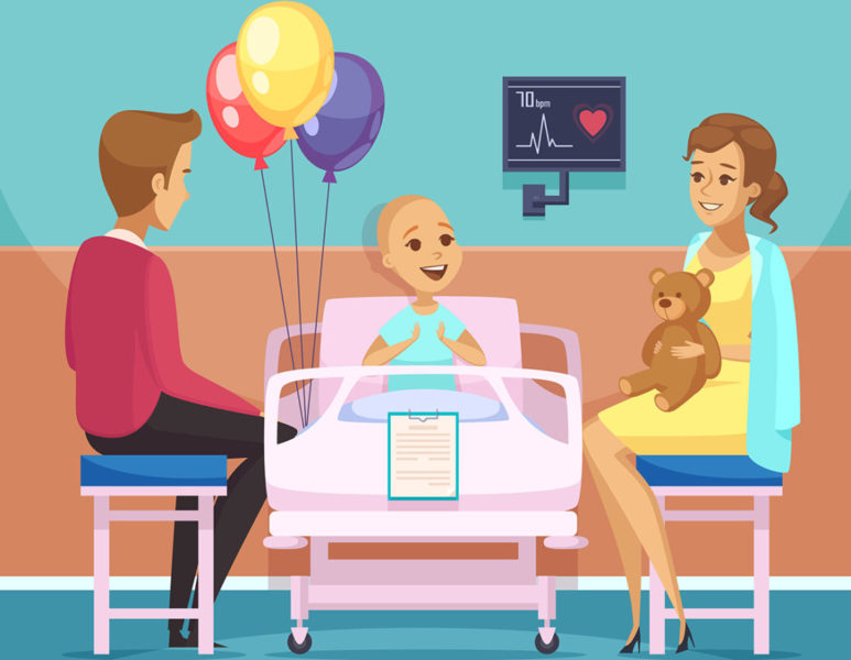 Criança Com Câncer Feliz Em Uma Cama De Hospital Com Seus Pais Do Lado