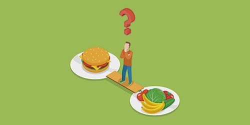 Homem em dúvida entre comer saudável ou comer hambúrguer