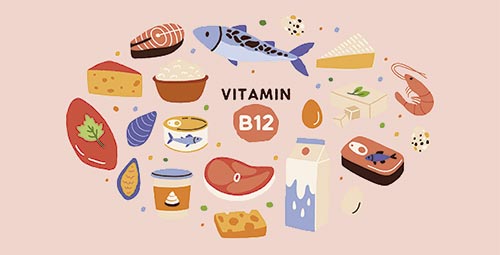 Imagem ilustrando diversos alimentos ricos em vitamina B12, como peixes, carnes, laticínios e ovos, importantes para evitar a deficiência dessa vitamina.