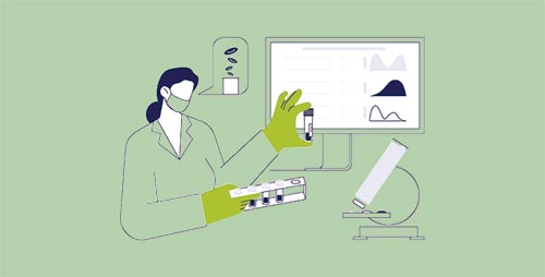 Profissional de saúde analisando amostras de sangue com um microscópio e gráficos ao fundo.