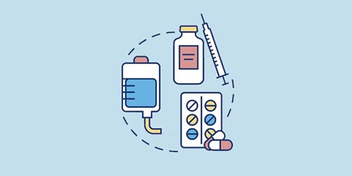 Infográfico sobre quimioterapia para linfoma, mostrando os diferentes tipos de medicamentos disponíveis