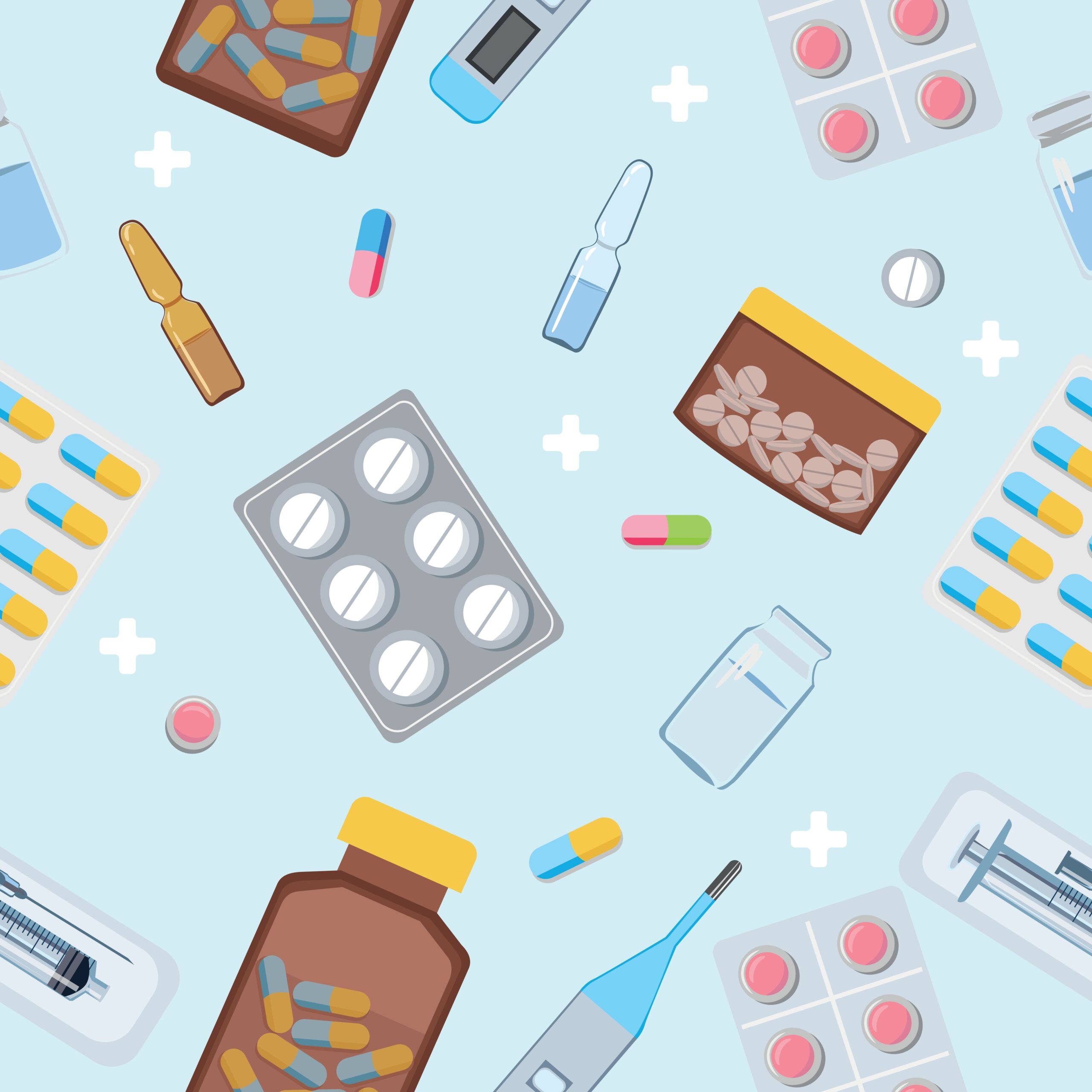 Medicine,And,Pharmacy,Seamless,Pattern,With,Pills,,Capsules,,Ampoule,,Tubes.